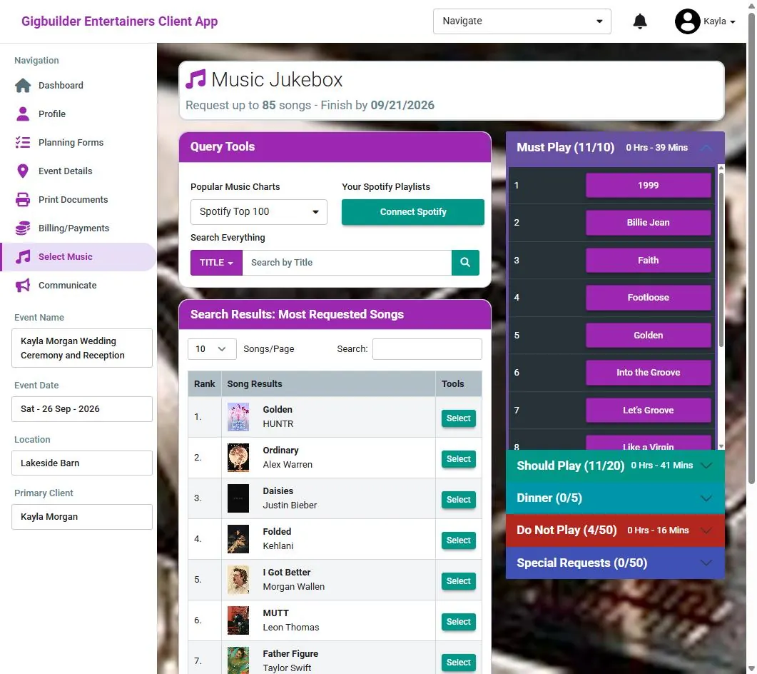 Music jukebox: chart and Spotify search, most requested songs, and lists for must play, should play, dinner, do not play and special requests