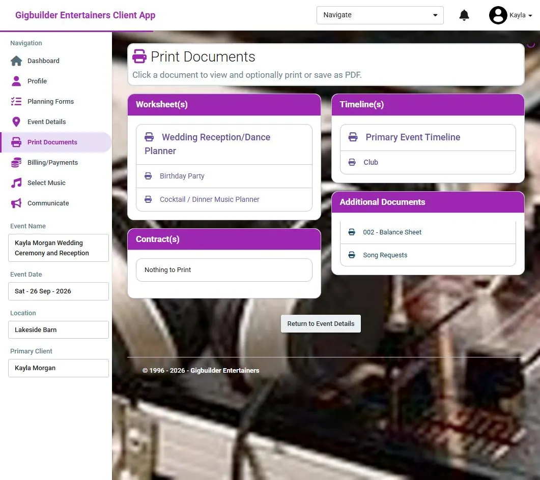 Print documents: worksheets, timelines, contracts and additional documents